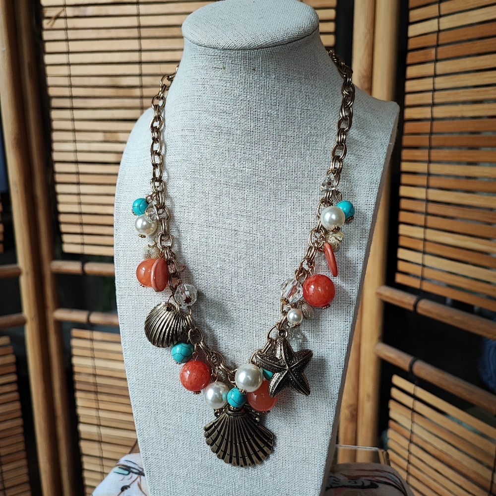 Erica Lyons EL Seashell Faux Pearl Glass Beaded Necklace Starfish Turquoise EUC